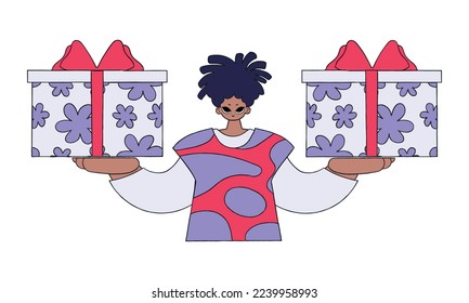 The guy holds two gifts in his hands. The concept of the holiday and gifts. Bright character in the style of the 80s and 90s.