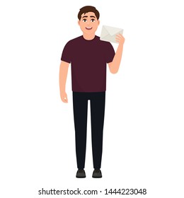 The guy holds a white postal envelope, the man received a letter, cartoon character vector illustration