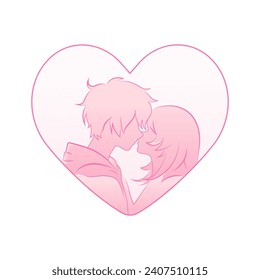 Guy in a Hoodie and a Girl with Long Hair are Kissing. Couple Silhouette in Heart, Love and Romance Concept. Anime Modern Vector for Logo, Card, Invitation. Valentine Day and Wedding Decorative Print.