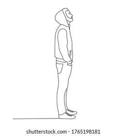 Guy in a hoodie is looking up. Line drawing vector illustration.