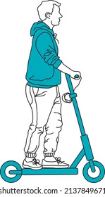 A guy in a hoodie rides an electric scooter. Minimalism. Linart and bright blue color.	