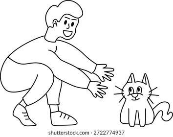 A Guy Hugging His Cat, Heartwarming Illustration outline style