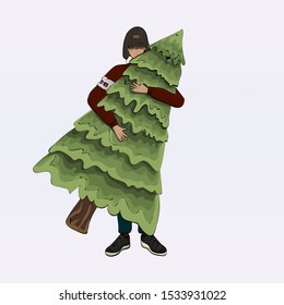guy hugs a Christmas tree. warm clothes. embrace. spruce.