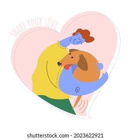 Guy hugs the dog. Adopt a pet concept