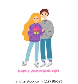 The guy hugs a girl with a bouquet of flowers. Happy loving couple of young people. It can be used for a notebook, mug, sticker, patch, invitation card, brochures.