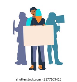 Guy hugs girl and hold placard on protesting people background. People group holding blank banners, manifesting activists demonstrating empty signs. Street protest flat vector illustration