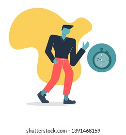 The guy is in a hurry to work. Modern abstract illustration. Color illustration in flat style. Food related illustration