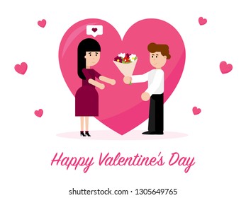 A guy, husband, man gives flowers to a girl woman, wife. Happy Valentine's Day. Postcard. Big hart on the background and around. Text