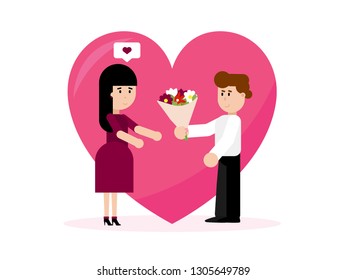 A guy, husband, man gives flowers to a girl, woman, wife. Happy Valentine's Day. Postcard. Big hart on the background