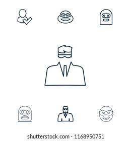 Guy icon. collection of 7 guy outline icons such as user and tick, thief emot. editable guy icons for web and mobile.