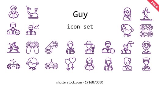 guy icon set. line icon style. guy related icons such as couple, postman, student, gamepad, walking, stationary bike, farmer, reading, employee, boy, 