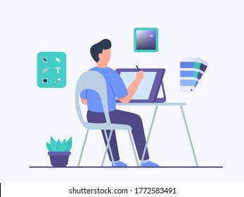 Guy Illustrator character sitting chair work on tablet create design illustration use tool application program with flat cartoon style .