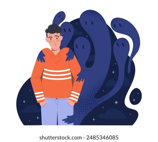 Guy with imaginary monster. Child afraid of shadows. Paranoia and schizophrenia. Mental problems and psychological disorder. Boy with fear. Flat vector illustration isolated on white background