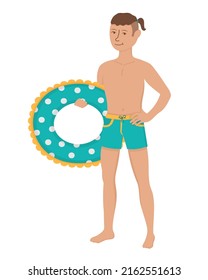 Guy with an inflatable circle. Doodle flat clipart. All objects are repainted.