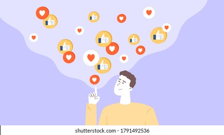 The guy is an influencer or smm manager, promotes a blog on social networks, gets good feedback from the target audience. Flat cartoon vector illustration.
