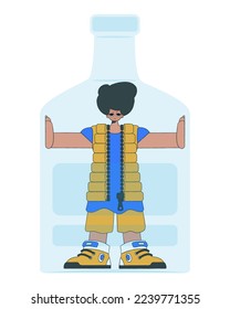 The guy is inside the bottle. Alcohol addiction treatment.