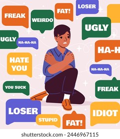 Un tipo con insultos. Un niño pequeño sufre de insultos en internet. Ciberacoso. Sentimientos y emociones negativas. Depresión y frustración. Ilustración vectorial plana de dibujos animados aislada sobre fondo rosa