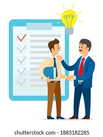 Guy and investor have successful deal for idea. Young man shaking hands with businessman. Boss give compliments to employee for good idea. Clipboard with checkmarks, lamp bulb above two people