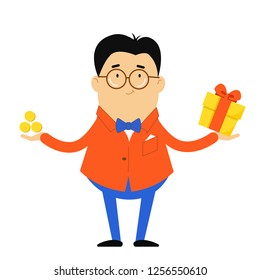 The guy in the jacket and bow tie stands with his arms outstretched. A man in a suit holding a gift and money. Vector illustration. Character in flat style.