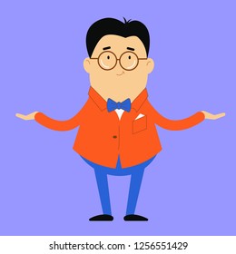 The guy in the jacket and bow tie stands with his hands out to the side. A man in a suit welcomes, meets. Vector illustration. Character in flat style.