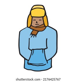 Guy in a jacket hoodie with a hat and scarf, portrait cartoonish hand drawing illustration. Happy human waiting for a winter and cold weather simple pen drawing symbol. Person smiling in a jacket.