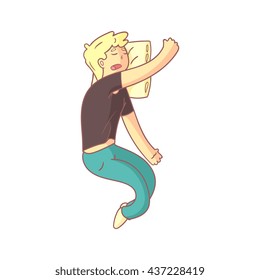 Guy In Jeans And T-Shirt Taking A Nap Flat Outlined Pale Color Funny Hand Drawn Vector Illustration Isolated On White Background