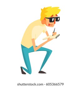 Guy Journalist In Shades Writing Down, Official Press Reporter Working, Collecting Information And Making News, Part Of Journalism Set Of Illustrations