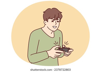 Guy with joystick playing computer games at home. Young man with joypad have fun engaged in videogame. Addiction and hobby. Vector illustration.