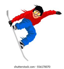 Guy in a jump on a snowboard. Vector illustration on white background. Sports concept.