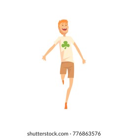 Guy jumping with joyful face expression. Man in brown shorts and t-shirt with four-leaf clover print. Cartoon male character with good luck. Flat vector illustration