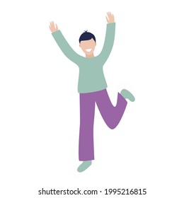 Guy jumping on one leg. Man runs with his hands up. Joyful event, good luck, happiness