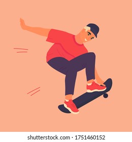 Guy jumping on skateboard. Card, poster or web design element with happy young man on board. Skateboarder in modern clothes and cap jump in air. Isolated flat style vector illustration.