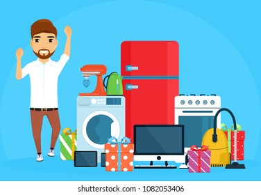 The guy jumps with joy after buying household appliances. A set of modern appliances. In a flat style on blue background. Cartoon.
