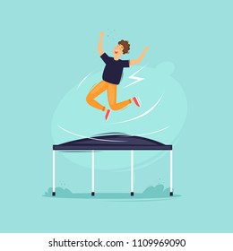 Guy jumps on a trampoline. Flat design vector illustration.