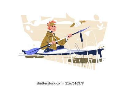 Guy kayaking on river in wild nature vector illustration. Man rowing on canoe flat style. Water sports, kayaking, outdoors activity, rafting, canoe concept. Isolated on white background