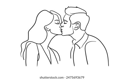 Guy kisses girl continuous line art drawing isolated on white background. Vector illustration