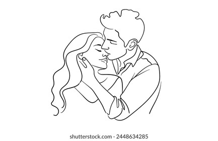 Guy kisses girl on forehead, hugging isolated on white background. Love line art drawing. Vector illustration