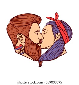 The guy kisses the girl. Vector illustration about love. Hipsters kiss.