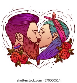 The guy kisses the girl. Vector illustration about love. Hipsters kiss