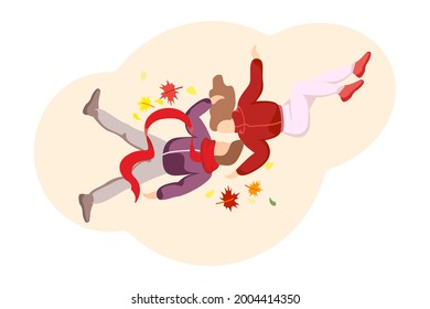 Guy kissing girl on grass top view. Young couple male and female in love lies and hugs tenderly. Man and woman gentle relationship relaxing outdoor on autumn lawn. Spend time together eps illustration