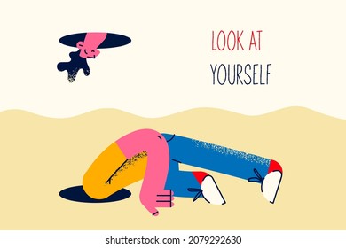 Guy kneel down look in hole and see himself. Man seek search for reason or ground discovering self. Concept of look at yourself first. Self-worth and assessment. Flat vector illustration. 