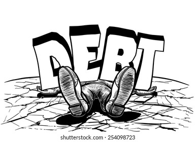 Guy Knocked Out DEBT Line Art Vector