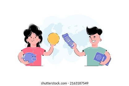 A guy and a lady are making preparations for a trip. The concept of travel.