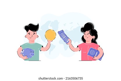 A guy and a lady are making preparations for a trip. The concept of travel. Illustration of a trend in vector format.