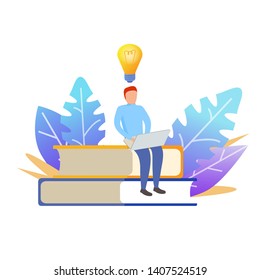 Guy with laptop.The concept of distance e-learning.Online education.Student cartoon character flat illustration education vector.Light bulb idea came.Training books.