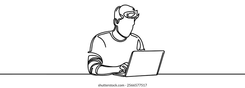 Guy at laptop doing work Continuous one line drawing