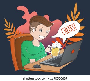guy with a laptop drinking beer chatting with a friend online, staying home party, hand drawn vector illustration