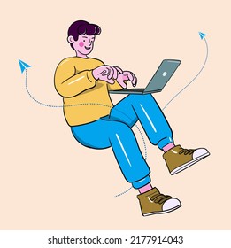 Guy with laptop floating in the air, learning progress 