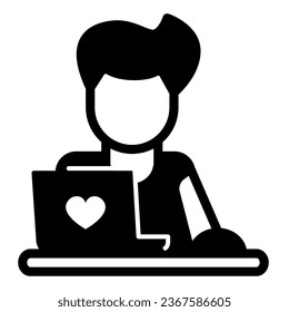 Guy with laptop and heart solid icon, dating concept, datig site vector sign on white background, glyph style icon for mobile concept and web design. Vector graphics