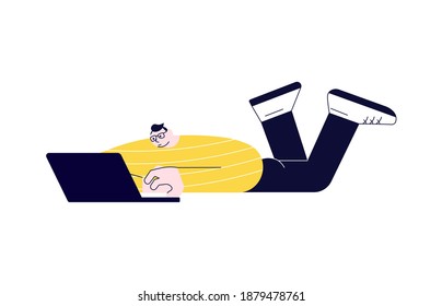 Guy with laptop lying on floor at home and has video conference or web surfing. Stylized Freelance or studying remotely. Flat Art Vector Illustration.